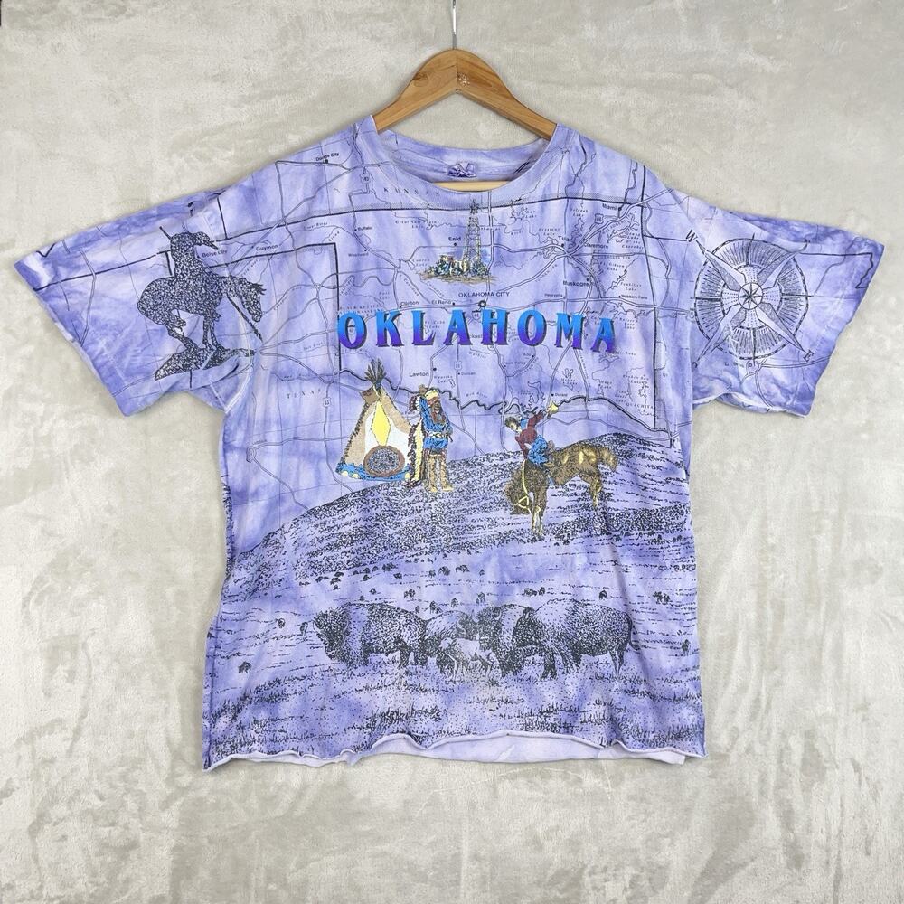 Vintage 90s Oklahoma AOP Single Stitch T Shirt Tee Men's XL Westerncore Rare
